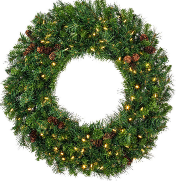 Pre-lit Christmas wreath with pinecones